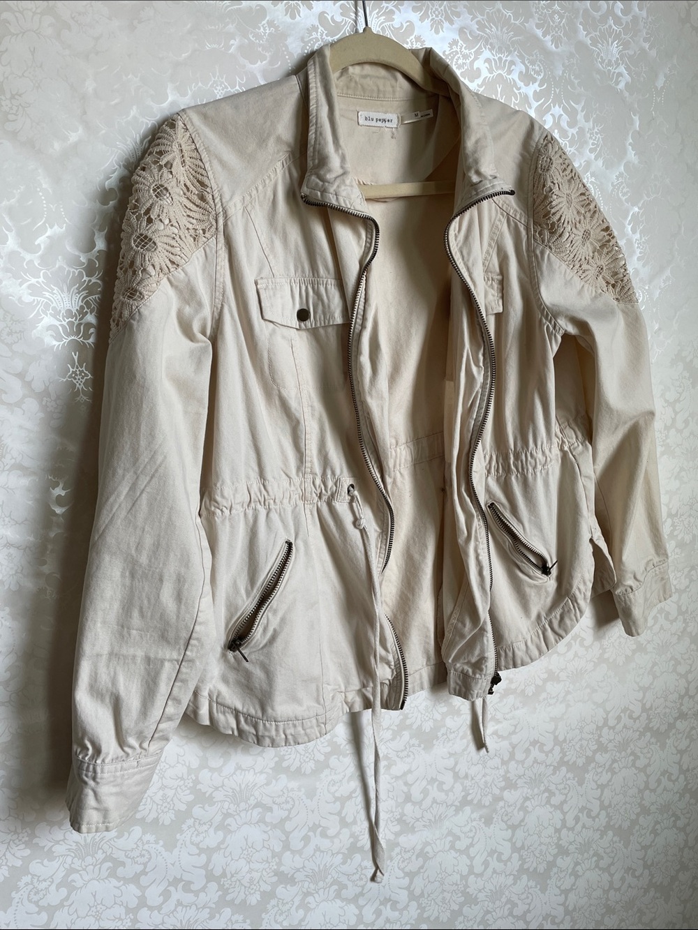 Blu Pepper Cream Crochet-Shoulder Utility Jacket